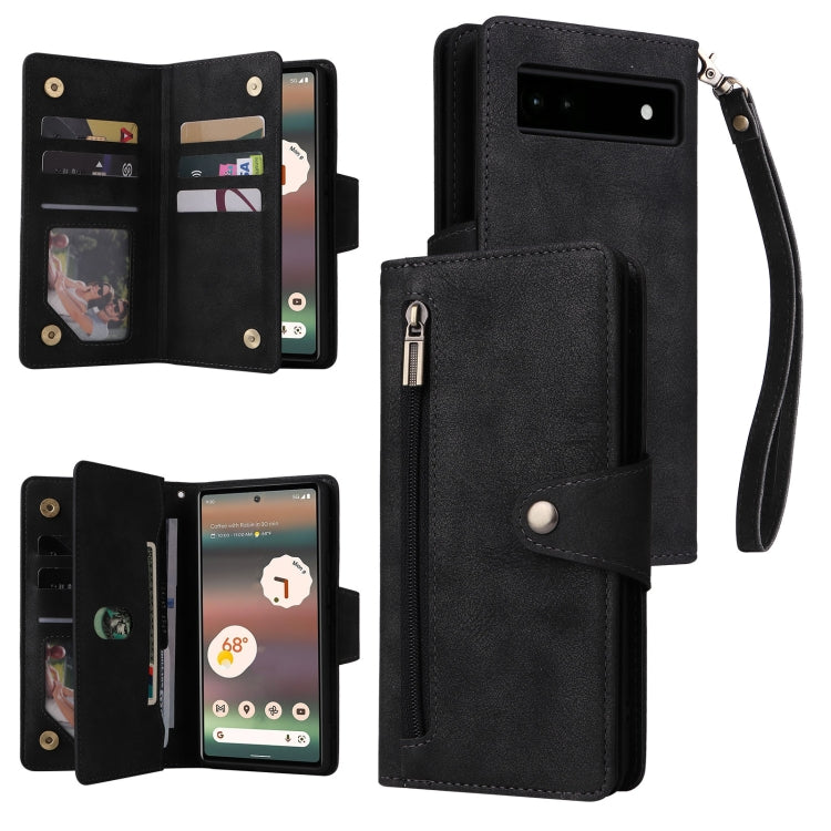 Black three-fold leather phone case with card slots and wrist strap for Pixel 6a
