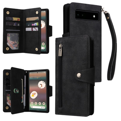 Black three-fold leather phone case with card slots and wrist strap for Pixel 6a