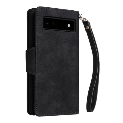 Black leather folio phone case with front camera opening and wrist strap