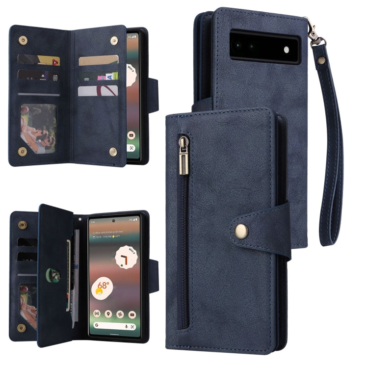 Blue three-fold leather phone case with card slots and wrist strap for Pixel 6a