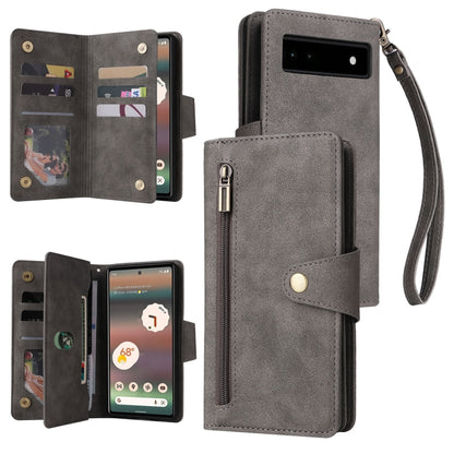 Grey three-fold leather phone case with card slots and wrist strap for Pixel 6a