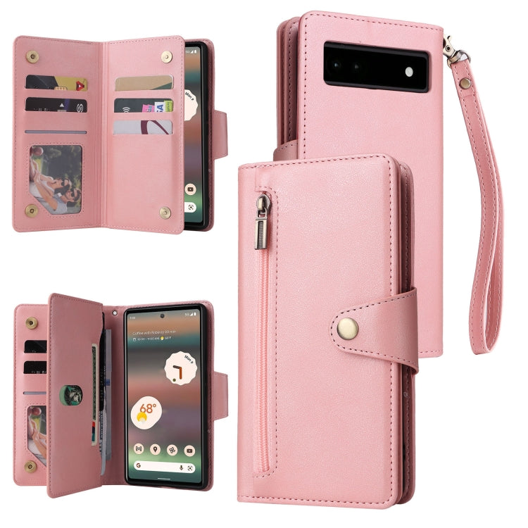 Rose gold/pink leather three-fold phone case with card slots and wrist strap for Pixel 6a