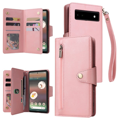 Rose gold/pink leather three-fold phone case with card slots and wrist strap for Pixel 6a