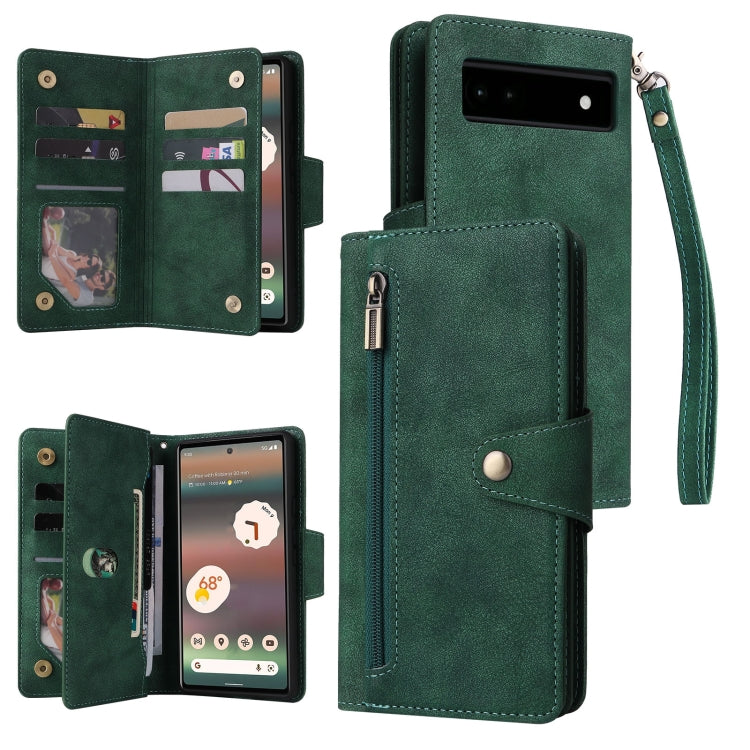 Green three-fold leather phone case with card slots and wrist strap for Pixel 6a