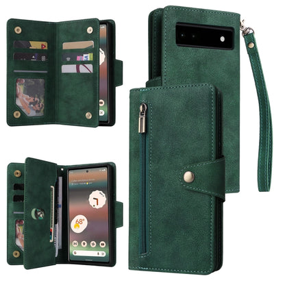 Green three-fold leather phone case with card slots and wrist strap for Pixel 6a