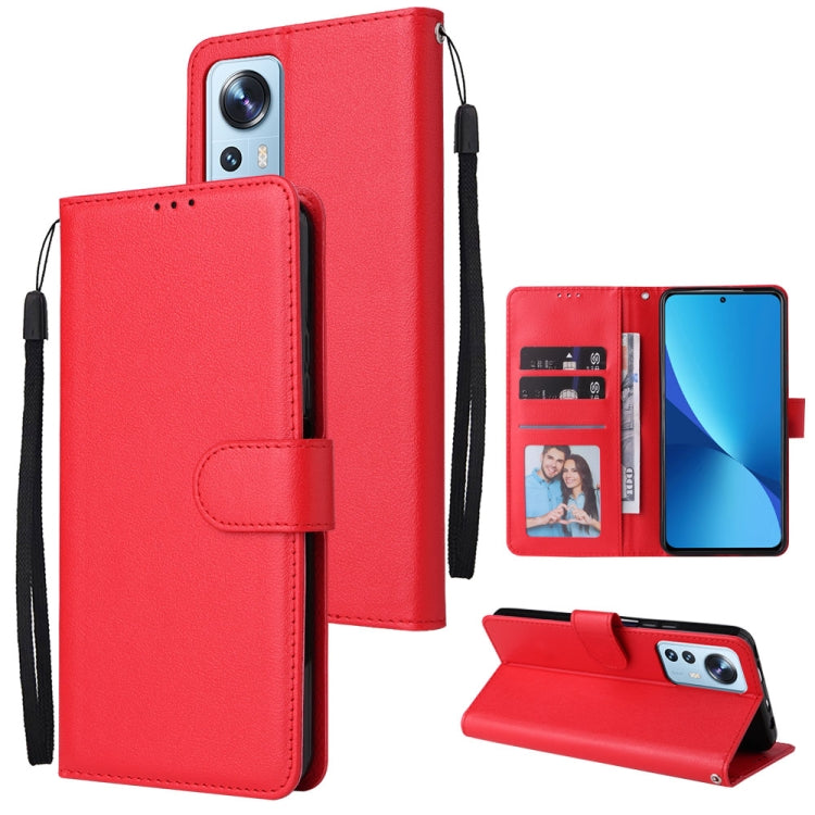 Red leather wallet phone case with 3 card slots, folio cover and wrist strap