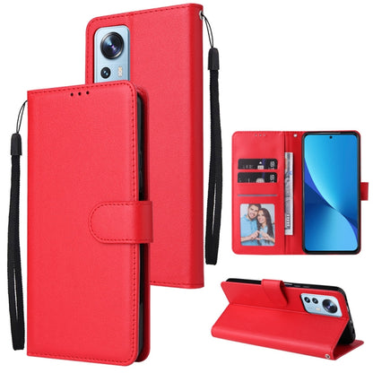 Red leather wallet phone case with 3 card slots, folio cover and wrist strap