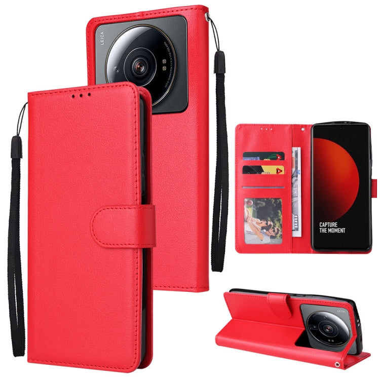 Bright red leather wallet phone case with 3 card slots, folio cover and wrist strap