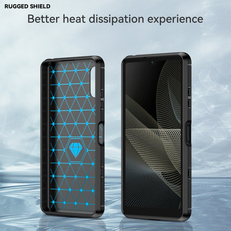 Black rugged TPU phone case with carbon-fiber accents, front and back view