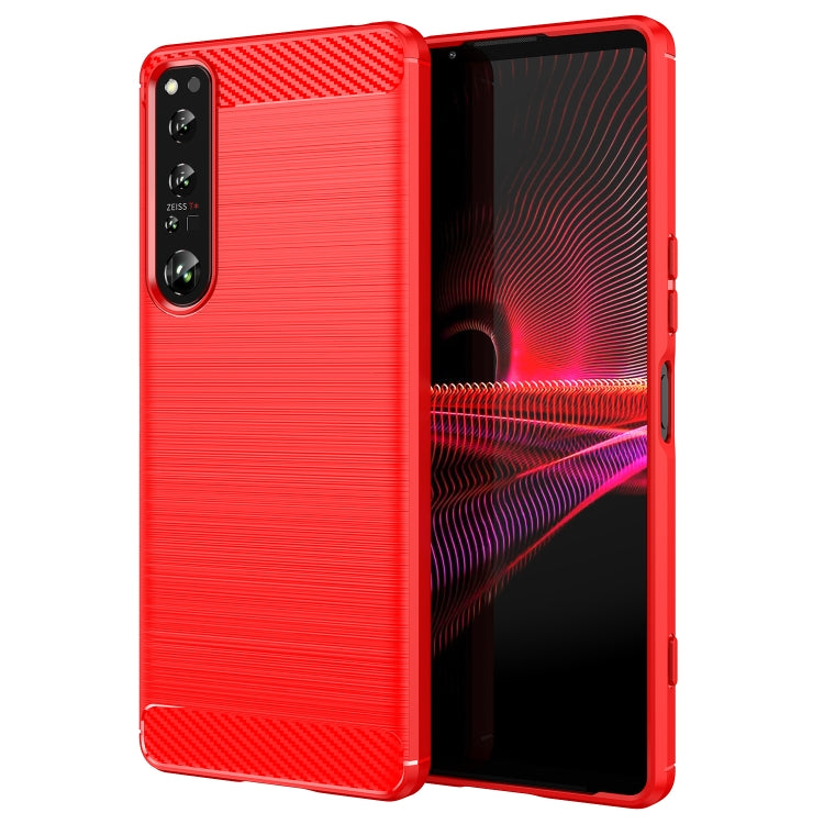 Red brushed texture TPU phone case with carbon fiber accents and camera cutout