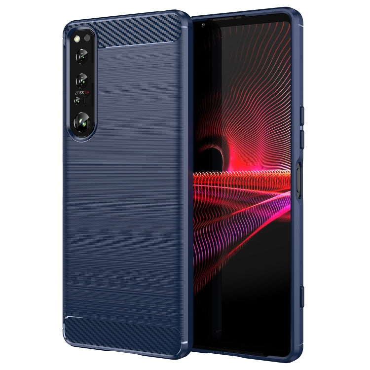 Navy brushed TPU phone case with carbon fiber panel, camera cutout, side openings