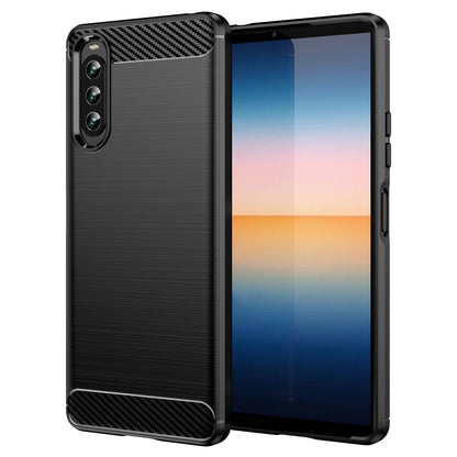 Black rugged TPU phone case with brushed back and carbon-fiber accents at corners