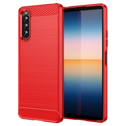 Red brushed texture TPU phone case with carbon fiber top, side buttons, camera cutout