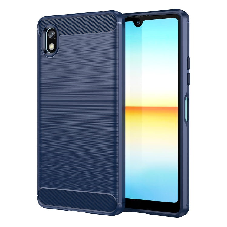 Blue brushed TPU phone case with carbon-fiber back panel and raised edge protection