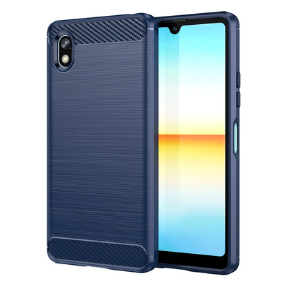 Blue brushed TPU phone case with carbon-fiber back panel and raised edge protection