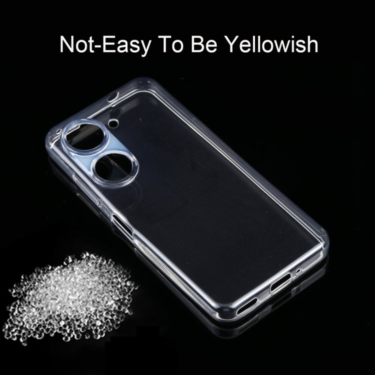 Transparent TPU phone case with full coverage and port openings; anti-yellow look.