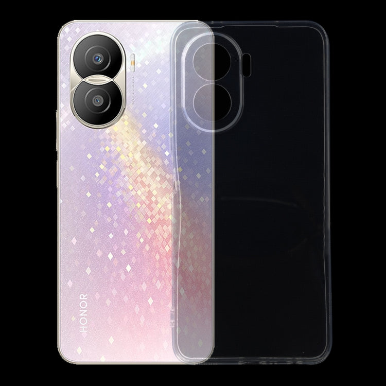 Clear TPU phone case on a purple Honor phone, showing camera cutouts and buttons.