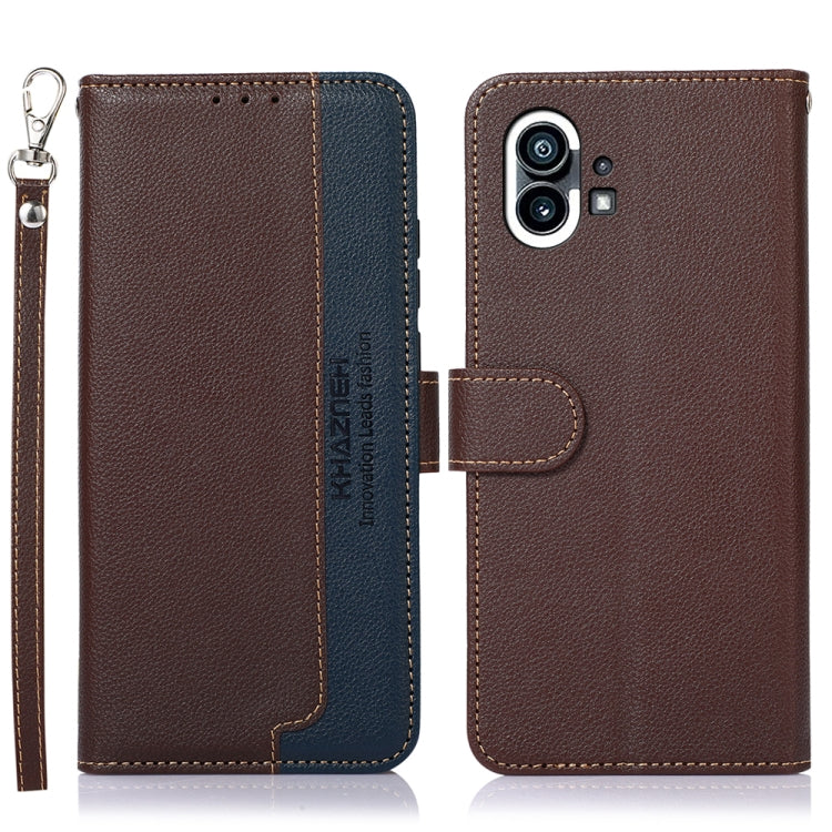 RFID litchi-texture leather phone case, brown with blue lining, includes wrist strap for Nothing Phone 1
