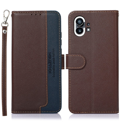 RFID litchi-texture leather phone case, brown with blue lining, includes wrist strap for Nothing Phone 1