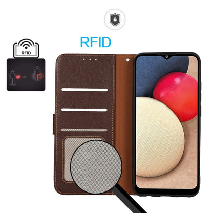 RFID leather phone case with litchi texture and card slot window, brown for Nothing Phone 1