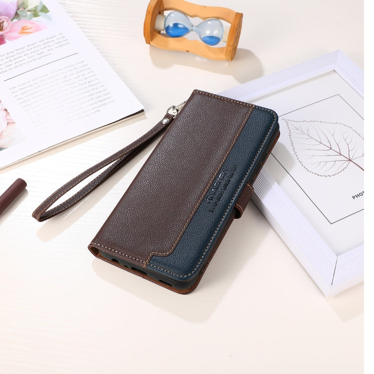 RFID litchi-texture leather phone case with wrist strap, brown with blue accent for Nothing Phone 1