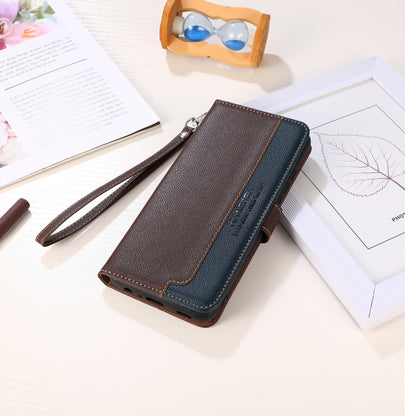RFID litchi-texture leather phone case with wrist strap, brown with blue accent for Nothing Phone 1