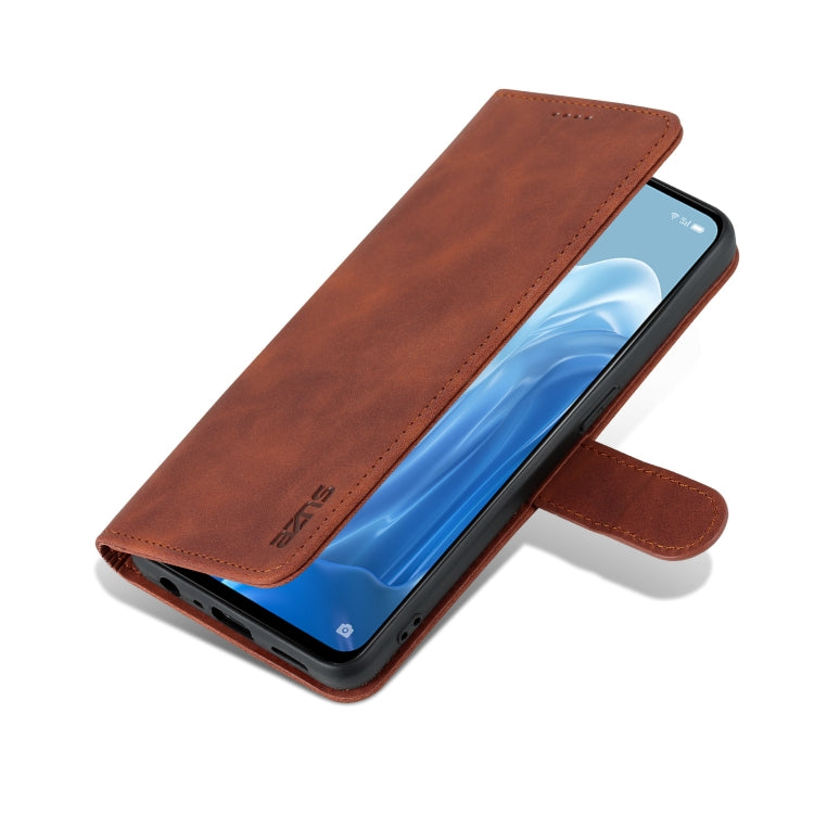 Brown flip leather phone case with folio cover, angled view showing stitched border