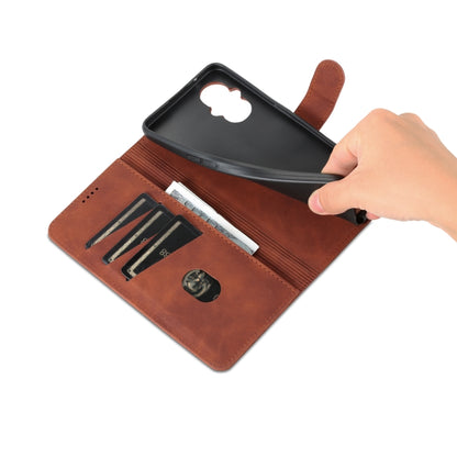 Brown leather flip phone case with open card slots and hand inserting items