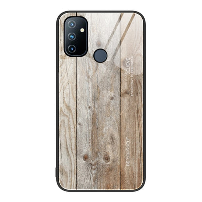 Wood grain glass phone case with light gray wood plank pattern, black camera module and round flash cutout