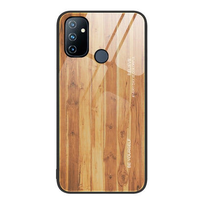 Wood grain glass phone case with light tan wood pattern, black camera module and round flash cutout