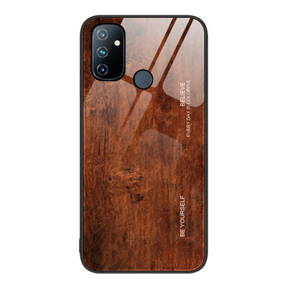 Wood grain glass phone case with camera cutouts and dark brown wood pattern
