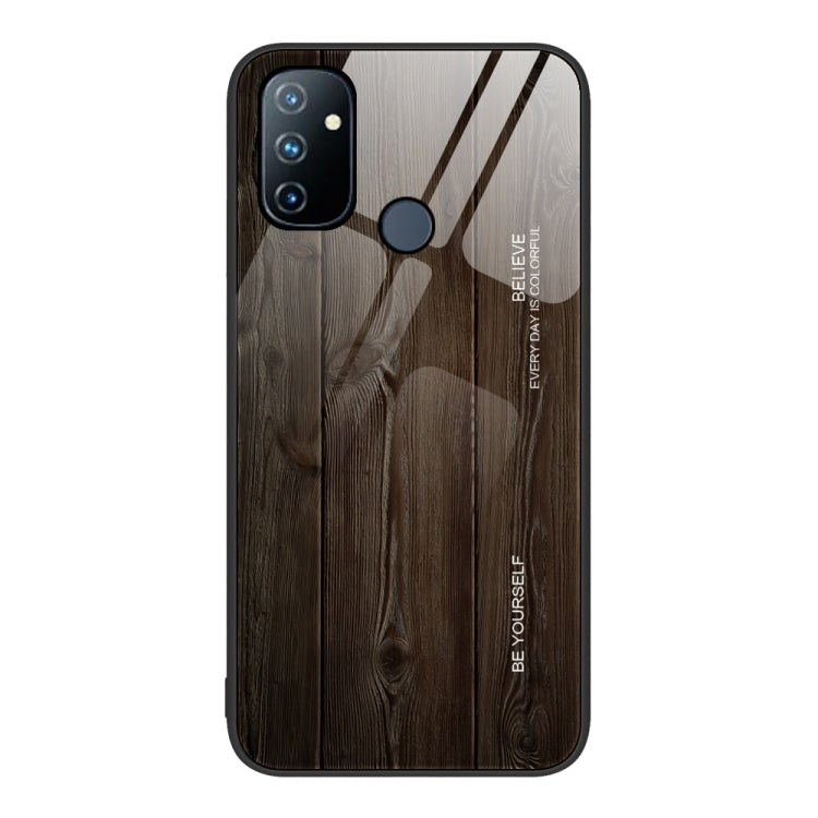 Wood grain glass phone case with camera cutouts and gray-brown plank design