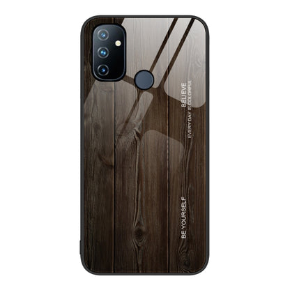 Wood grain glass phone case with camera cutouts and gray-brown plank design