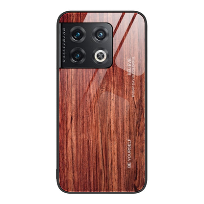 Wood grain glass phone case with camera cutouts and reddish wood plank design