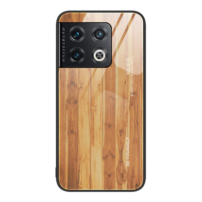 Wood grain glass phone case with camera cutouts and golden tan wood finish