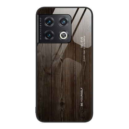Wood grain glass phone case with camera cutouts and dark gray plank texture