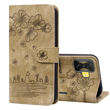 Beige embossed leather phone case with floral sakura cat design, folio stand