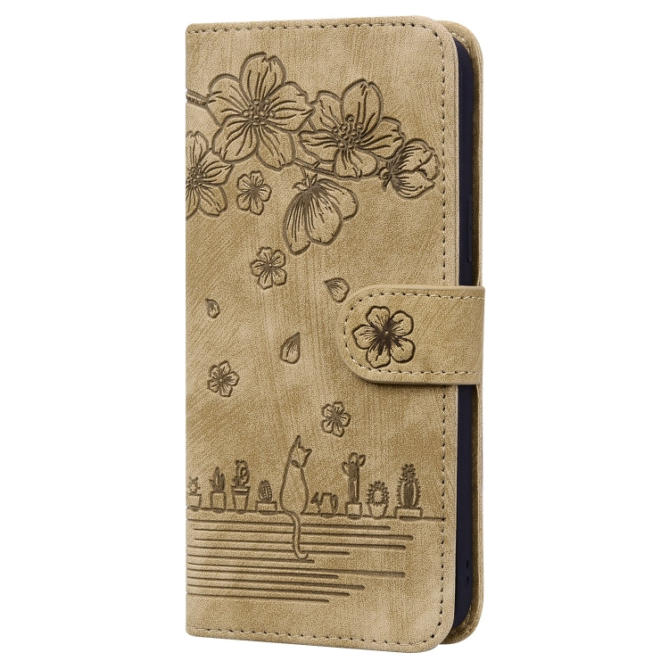 Beige folio phone case with embossed floral sakura cat pattern and side buckle