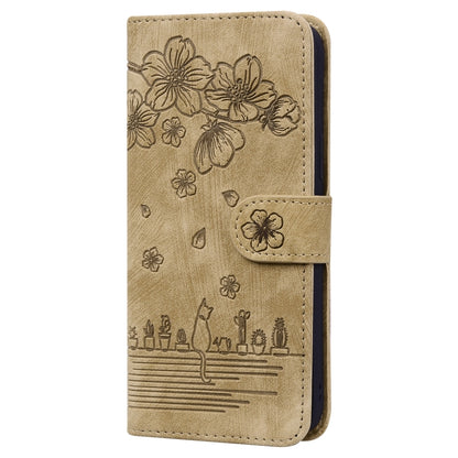 Beige folio phone case with embossed floral sakura cat pattern and side buckle