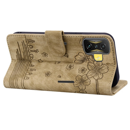 Beige embossed leather phone case with floral sakura cat design, side kickstand