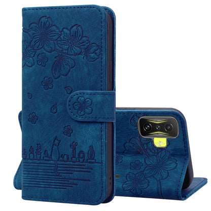 Royal blue embossed leather folio phone case with floral cat design, flip cover and stand