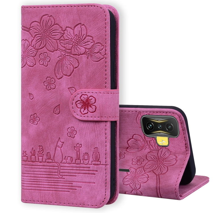Rose pink folio phone case with embossed sakura cat pattern, flip cover and camera cutout