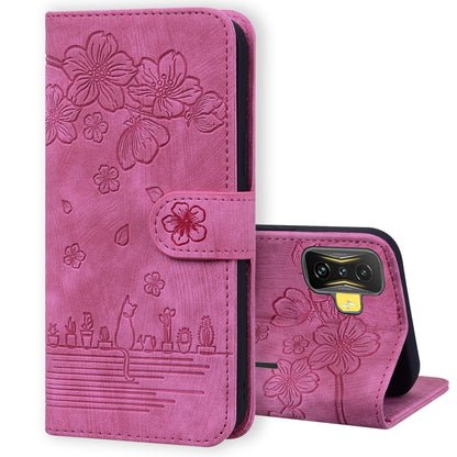 Rose pink folio phone case with embossed sakura cat pattern, flip cover and camera cutout