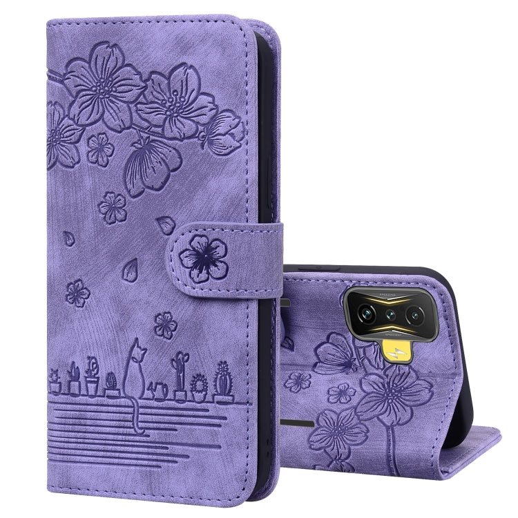Embossed sakura cat leather phone case with folio stand, light purple