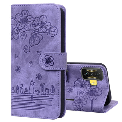 Embossed sakura cat leather phone case with folio stand, light purple