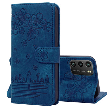 Royal blue embossed leather folio phone case with floral cat design, flip cover and stand