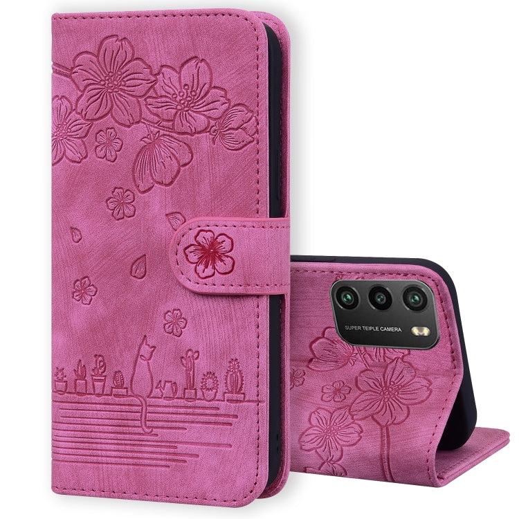 Rose pink folio phone case with embossed sakura cat pattern, flip cover camera cutout
