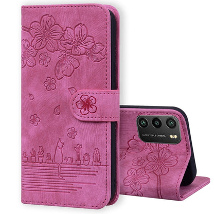 Rose pink folio phone case with embossed sakura cat pattern, flip cover camera cutout