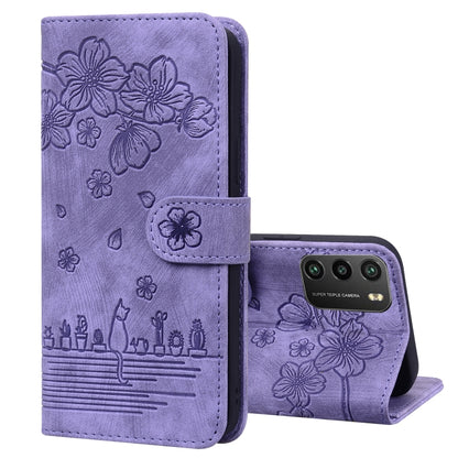 Sakura cat embossed leather folio phone case, light purple with camera cutout