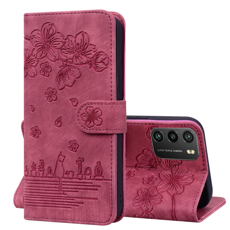 Rose red embossed floral flip phone case, stand open, with camera cutout